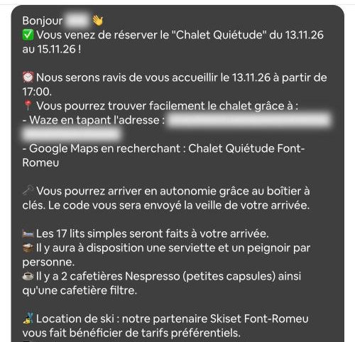 Message automatique envoyé à la réservation